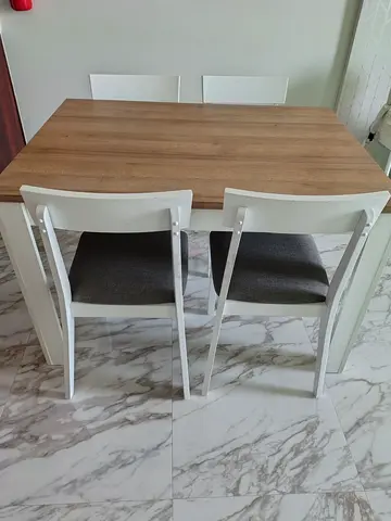 Compact wooden dining table with 4 white chairs - flawless condition