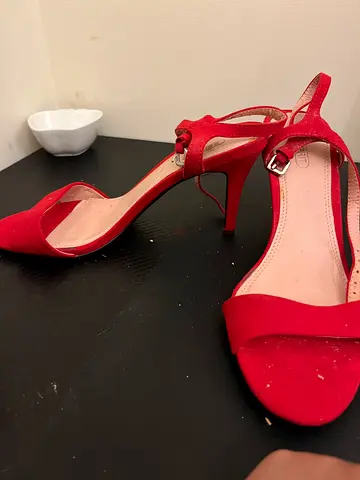 Red suede high heel sandals, size available 39 - gently used