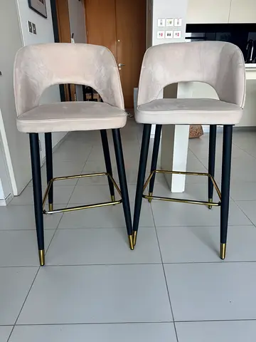 Set of 2 Velvet Bar Stools with Black / Gold legs - Light Beige