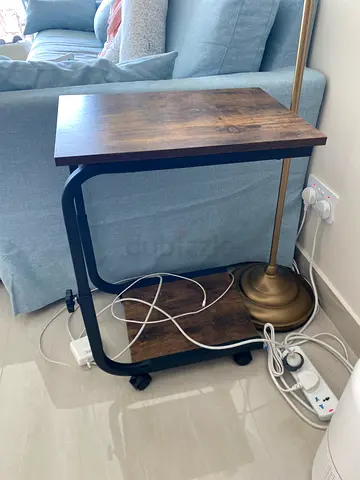 Adjustable C-shaped Side Table on Wheels - Dark Wood finish