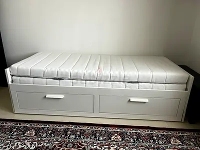 IKEA BRIMNES Day-Bed with 2 Drawers + 2 Vannareid Pocket-Sprung Mattresses – White