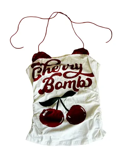 White Cherry Bomb Halter Top with Cherry Print - Size S