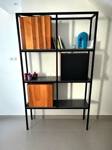 Black metal shelving unit with wooden cabinets - good condition