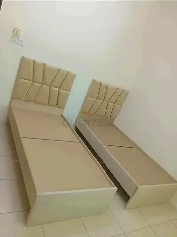 New Pair of Single Beds with Padded Headboards - Beige