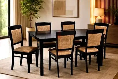Solid Wood 6-Seater Dining Table with Upholstered Chairs - Dark Finish
