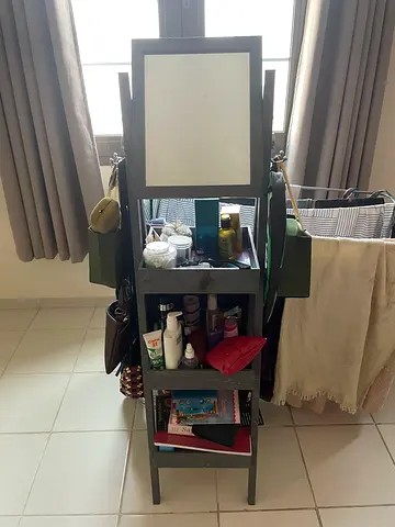 Narrow Hallway Storage Unit with Mirror and Hooks - Good Condition