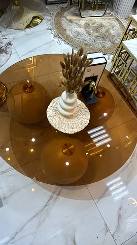 Round Amber Glass Coffee Table with Brass Base (Good Condition)