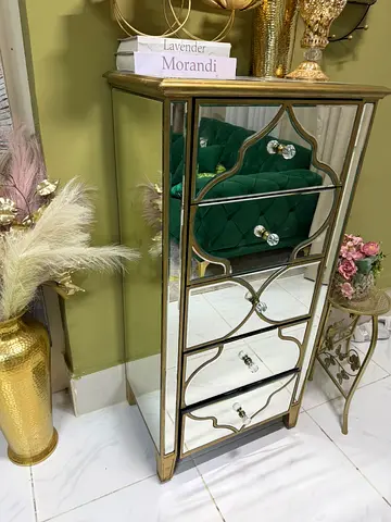 Tall Mirrored Chest of Drawers with Decorative Metal Frame