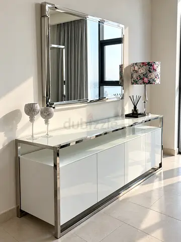 White High Gloss Console Cabinet with Chrome Frame and Matching Mirror
