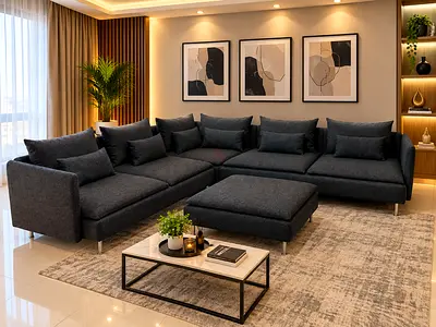 Title: Premium Dark Grey L-Shape Corner Sofa with Ottoman | All Colors Available