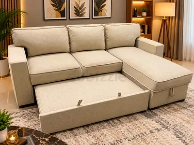 Light Beige L-shaped Sofa with Storage and Pull-out Bed