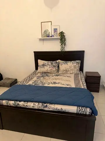 Solid Wood Double Bed with Headboard and Matching Nightstand - Dark Finish