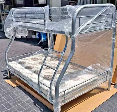 Brand New Metal Bunk Bed with Double Lower Bed - New, Silver Frame