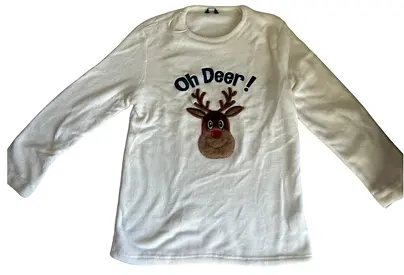 White fluffy long-sleeve kids top with reindeer 'Oh Deer!' print