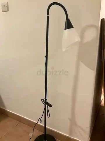 Black floor lamp with adjustable gooseneck and white shade - good condition