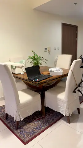 Wooden Dining Table with 4 Slipcovered Chairs  — Used, Good Condition