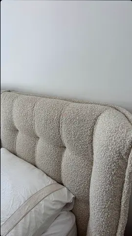 Queen bouclé upholstered bed frame with headboard mattress – netural fabric, Excellent condition.
