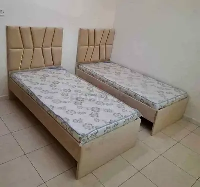 Brand New Pair of single beds with mattresses - beige upholstered headboards