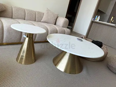 Set of 2 Marble Top Gold Cone Coffee & Side Tables