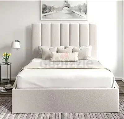 Queen fabric upholstered bed frame with tall channel headboard - light beige