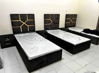 New Three Single Beds with Headboards and Nightstands - Black Velvet