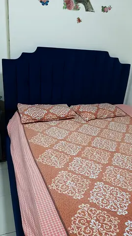 Dark Blue Upholstered Bed Headboard with Frame - Good Condition