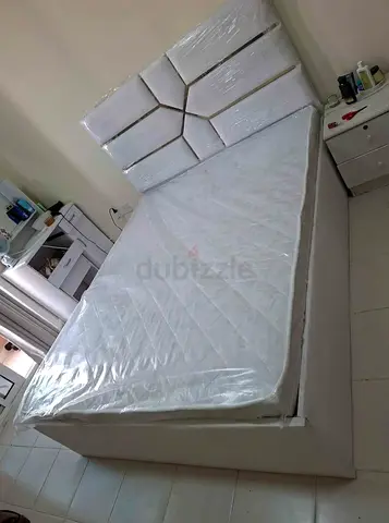 White queen bed frame with padded headboard + mattress