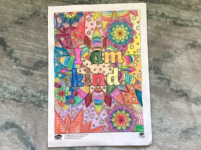 Hand-colored adult coloring page - "I am kind" design