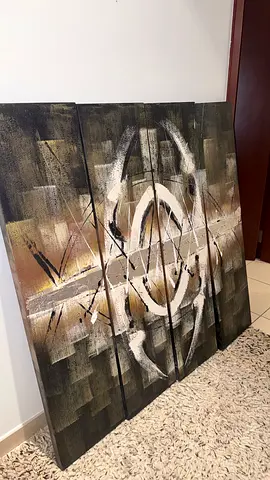 4 Panel Abstract Painting, Black, Gold and Cream, Textured