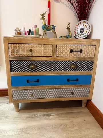 Wooden Chest of Drawers with Patterned Drawer Fronts - Small Side Cabinet