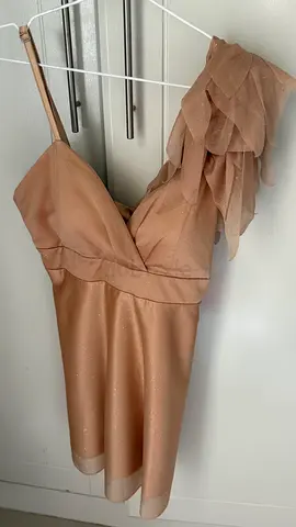 One-shoulder beige cocktail dress with ruffle sleeve, size s