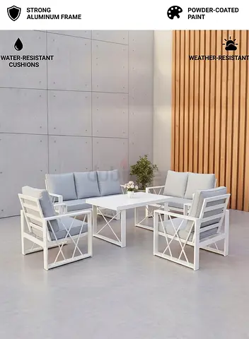 White Aluminum Outdoor Sofa Set with Cushions - 7 Seater