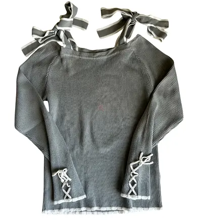 Pale dusty green ribbed cold-shoulder knit top with tie straps and lace-up cuffs - S/M