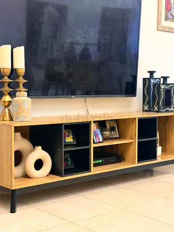 Wooden TV Entertainment Unit with Open Shelves — Light Oak finish