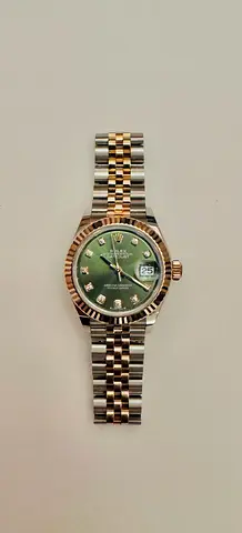 Rolex Datejust 28mm women's watch green dial and diamond markers rose gold dual tone jubilee fluted