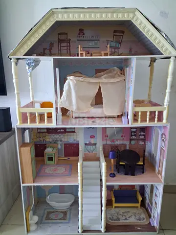 Wooden 3-Storey Dollhouse with Furniture - Good Used Condition