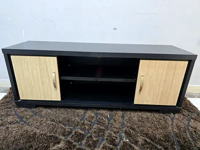 Low TV Cabinet with Two Doors and Open Shelves - Black & Oak