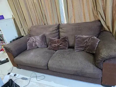 3-Seater Brown Fabric Sofa with Cushions - Good Condition
