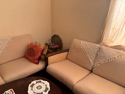 Beige 2-seater sofa and 3 seat sofa set (pair) with wooden armrests - good condition