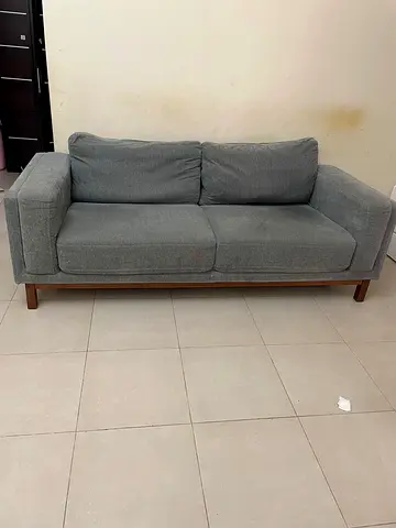 Gray 3-Seater Fabric Sofa with Wooden Base - Good Condition