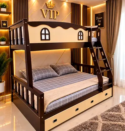 Wooden Bunk Bed with Trundle and Storage Drawers - Dark Brown & Cream