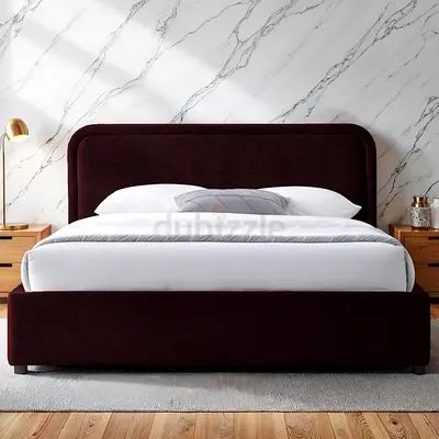 Dark Burgundy Upholstered Queen Bed Frame with Padded Headboard