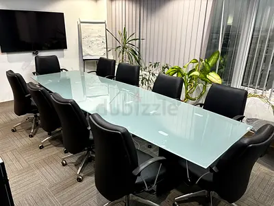 Large Glass Top Conference Table with 10 Executive Chairs - Good Condition