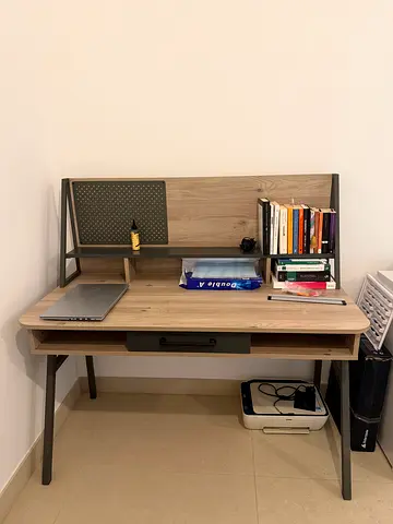 Compact Wooden Study Desk with Overhead Shelf and Drawer