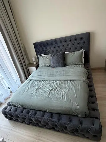 Queen (UK King size) tufted upholstered bed frame with headboard & mattress - dark grey