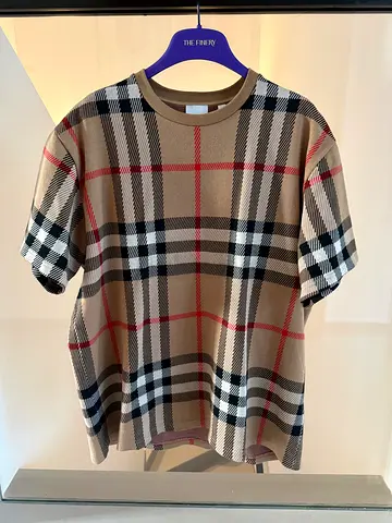 Beige Checked Short-Sleeve Designer-Style Knit T-Shirt, Size M