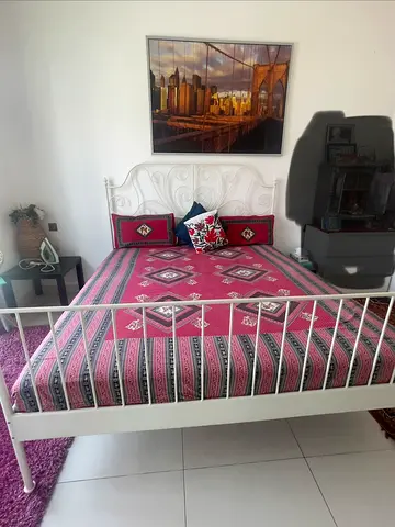 White Metal Double Bed with Headboard and Mattress