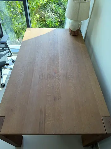 CRATE BARREL TERRA SMOKE OAK solid wood duning table WITH BENCH  and GLASS COVER seats 6
