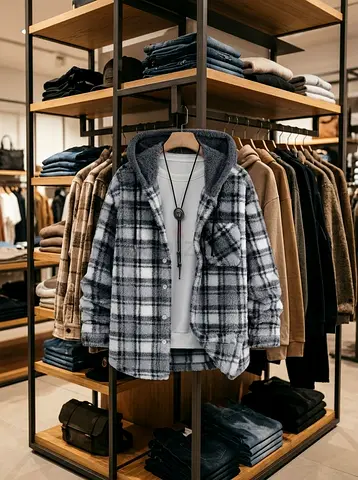 Grey Checkered Hooded Shacket – Men’s Casual Layering Jacket