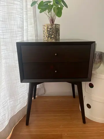 West Elm mid century Dark wood bedside table / small two-drawer nightstand